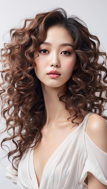 a beautiful white Korean model with curly Generative AI