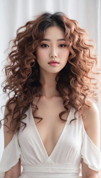 a beautiful white Korean model with curly Generative AI