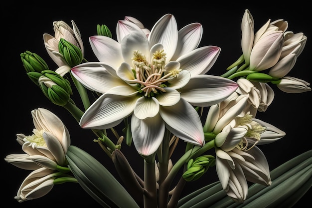 Beautiful white lilies on solid color background closeup Floral decor ai generative
