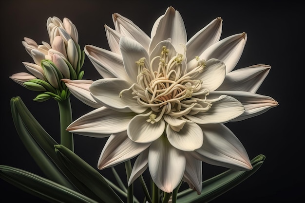 Beautiful white lilies on solid color background closeup Floral decor ai generative