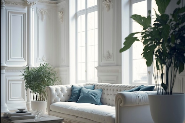 Beautiful white living room in new luxury home with white interior ai generative