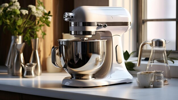 A beautiful white mixer with a metal cup stands in table