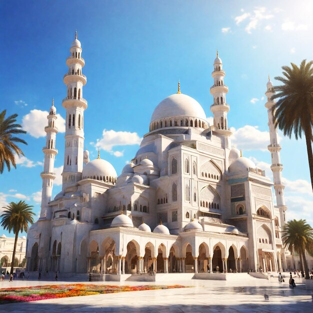 Beautiful white mosque at shooting ramadan kareem eid mubarak ramadan background