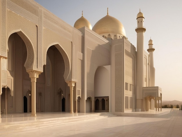 Beautiful white mosque with many domes Beautiful views inside and out Created by AI