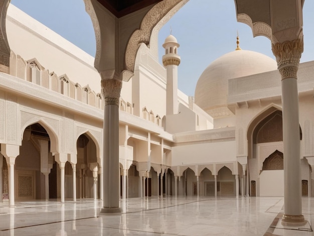 Beautiful white mosque with many domes Beautiful views inside and out Created by AI