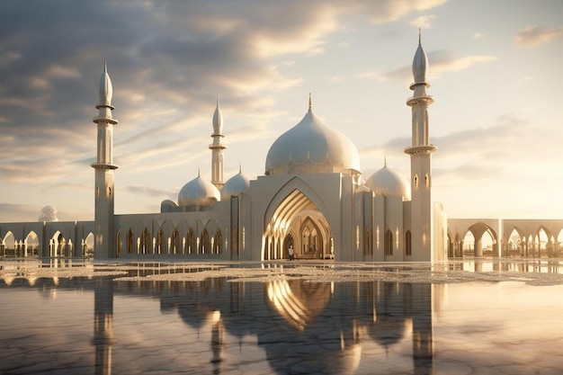 a beautiful white mosque with a reflection of the sky in the water.