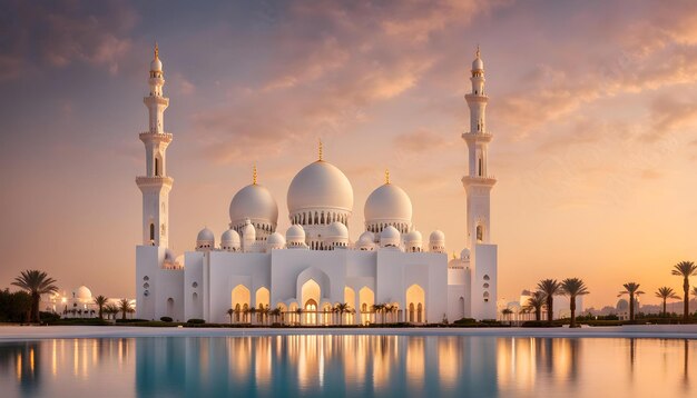 Photo a beautiful white mosque with a sunset in the background