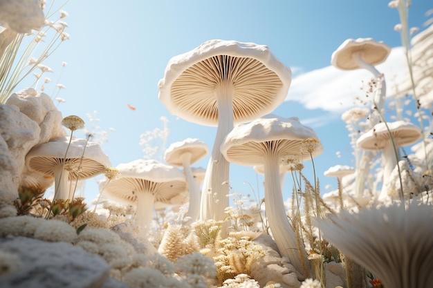 Beautiful white mushrooms on blurred background closeup Autumn season