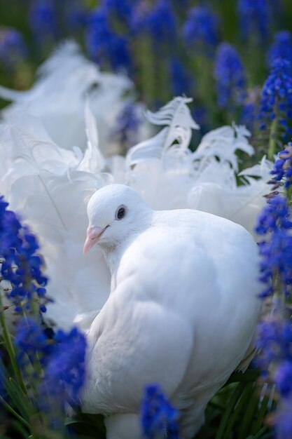 青いムスカリの花にとまる美しい白い装飾的な孔雀の鳩クローズアップの肖像画