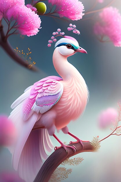 Beautiful white peacock with delicate feathers pink cherry blossom tree with ethereal bird