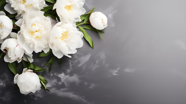 Beautiful white peony flowers on a grey background