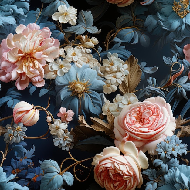 아름다운 색 피오니 꽃은 빈티지 컬러풀한 예술 일러스트레이션의 스타일로 무결한 패턴을 가지고 있습니다.