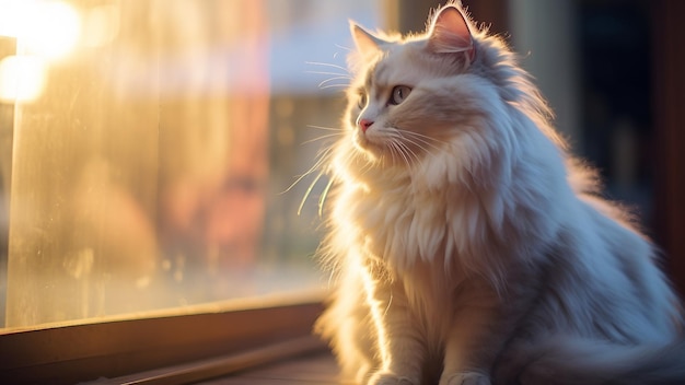 Красивая белая персидская кошка сидит на подоконнике на закате