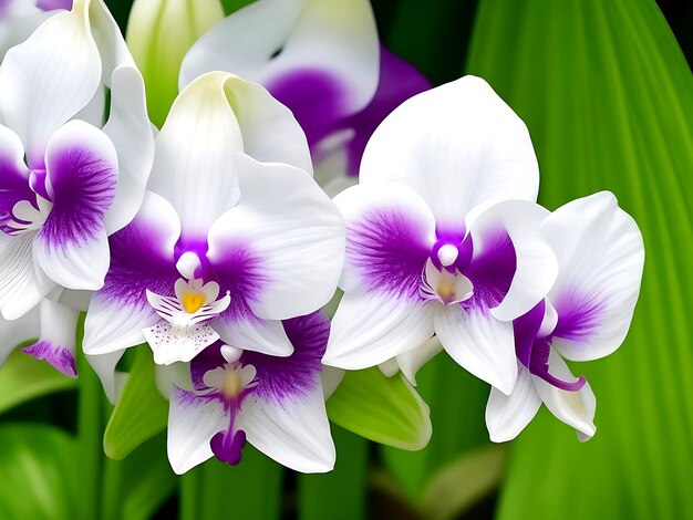 beautiful white and purple Orchid with green leaves