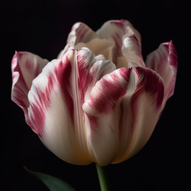 beautiful white and red tulip close up on black background