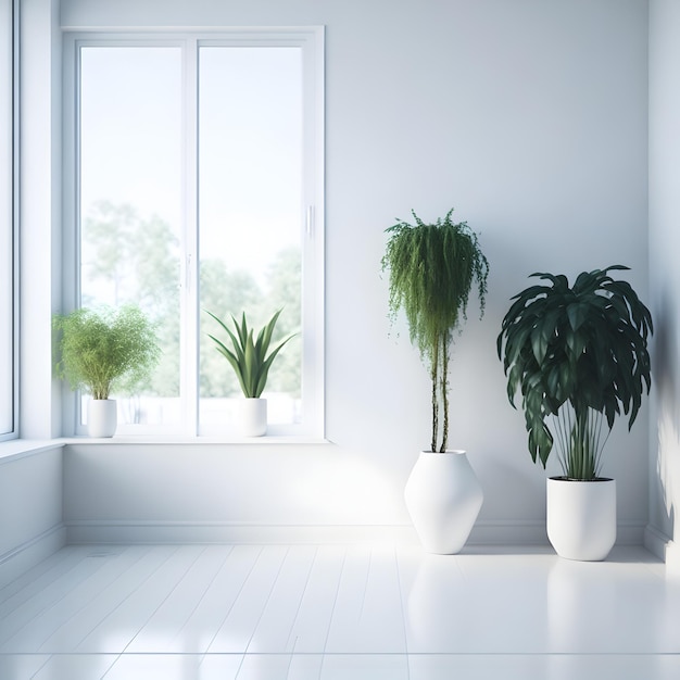 Beautiful white room photo with plants and windows