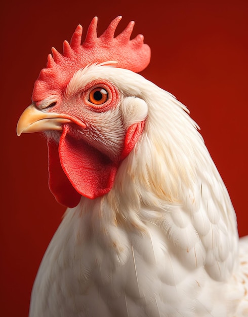 beautiful white rooster on red background close up