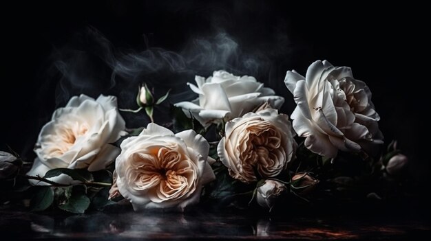 Beautiful white roses on a dark background with smoke Copy spacegenerative ai