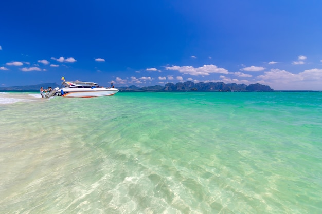 Beautiful White sand beach and clear sky at Krabi Thailand