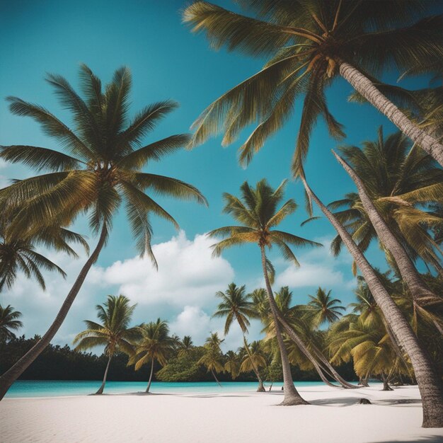 Beautiful white sand beach turquoise ocean surrounded by palm trees wallpaper