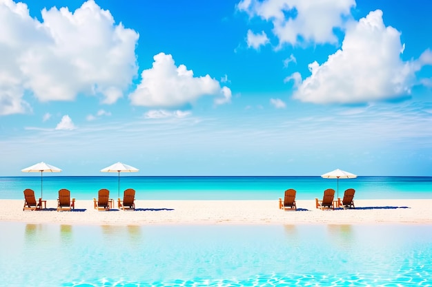 Beautiful white sand beach with chaise lounge and umbrella Generative AI