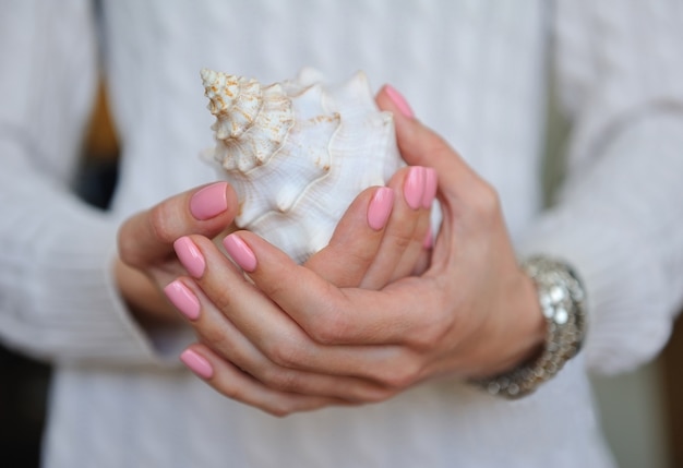 Beautiful white sea shell in female nice  hands