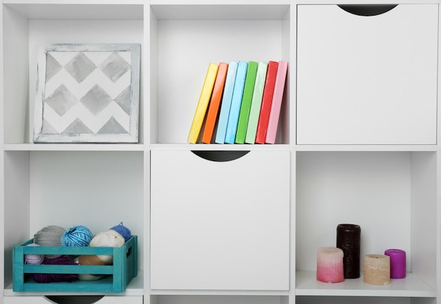 beautiful white shelves with different home objects