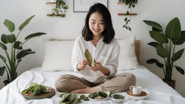 Beautiful white shirt asian woman enjoy playing with green leaf vegetable vegan ides concept on whi