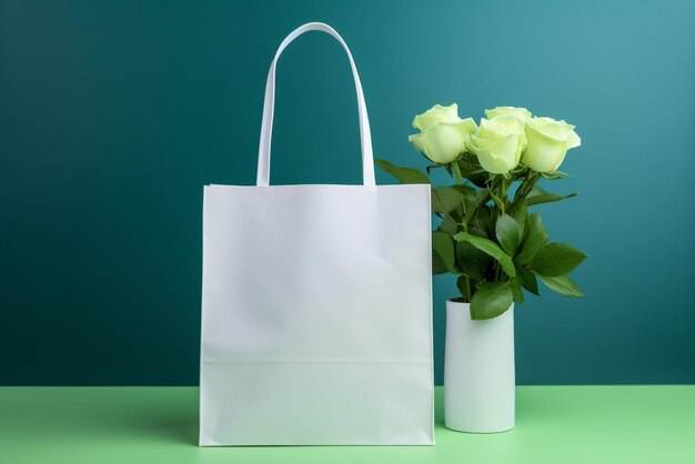 Beautiful white shopping bag isolated on one color and flower background front view mockup ai