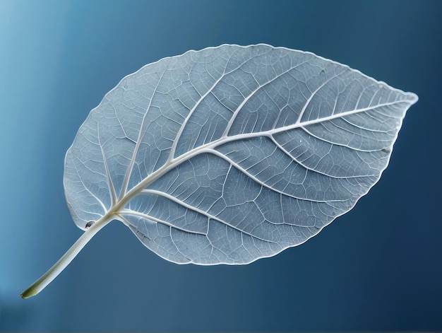 Photo beautiful white skeletonized leaf on light blue background with round bokeh