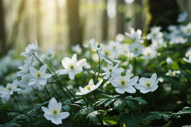 Beautiful white spring flowers blooming in the wild