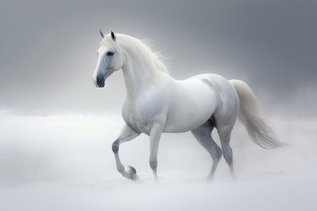 Beautiful white stallion with spread wings in snow and fog created with generative ai