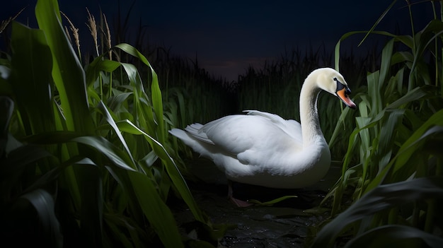 Beautiful white swan on a lake at night in the summer