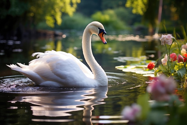 Beautiful white swan in a summer pond