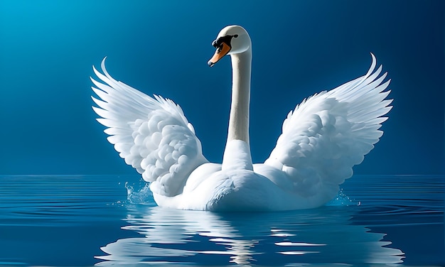 Beautiful white swan with its wings open in the water