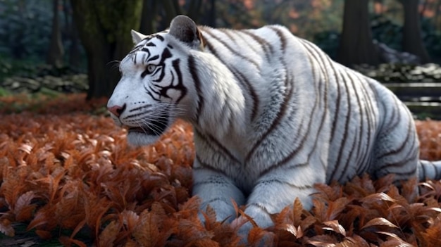 Красивый Белый Тигр на осеннем генеративном AI