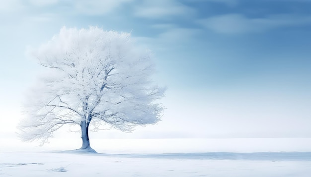 Красивое белое дерево на фоне зимнего пейзажа