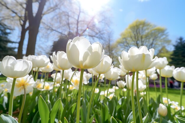 Beautiful white tulips in the garden