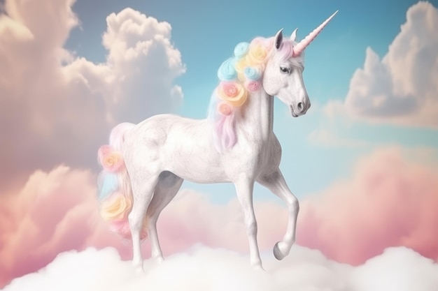 Photo beautiful white unicorn in clouds fairy tale unicorn