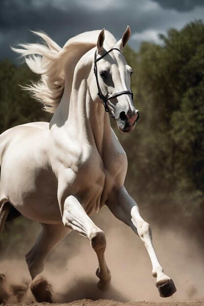 Photo beautiful white war horse running at high speed majestic h5 wallpaper background photography