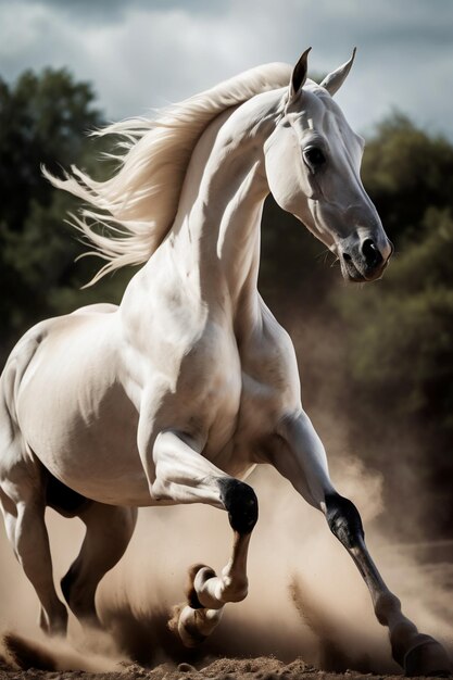 Beautiful white war horse running at high speed majestic h5 wallpaper background photography