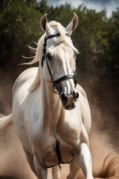 Foto bellissimo cavallo di guerra bianco che corre ad alta velocità maestoso h5 carta da parati sfondo fotografia