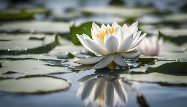 beautiful white waterlily or lotus flower in pond