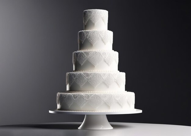 Beautiful white wedding cake on stand on dark background 3D illustration copy space