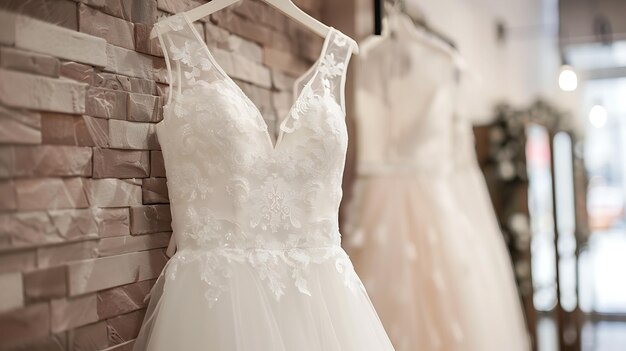 A beautiful white wedding dress hangs on a rack in a bridal shop The dress is made of delicate lace and has a fitted bodice