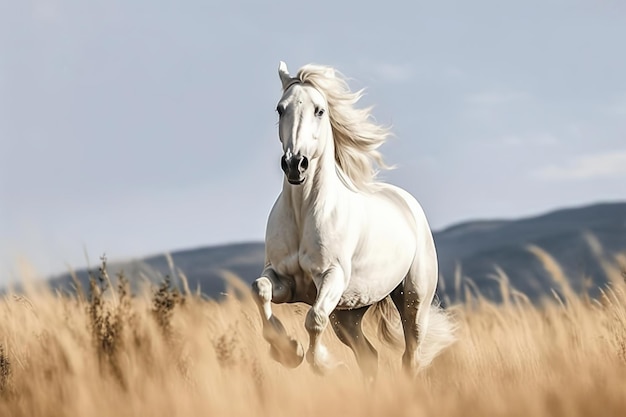 Beautiful white wild horse galloping in steppe