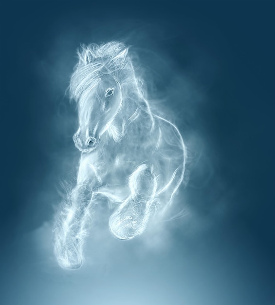 The beautiful white wild stallion running on clouds. blue color