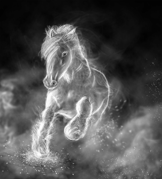 The beautiful white wild stallion running on clouds.