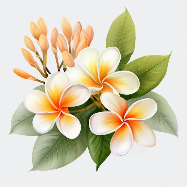 Beautiful white with orange plumeria flowers white background AI Generated art 02