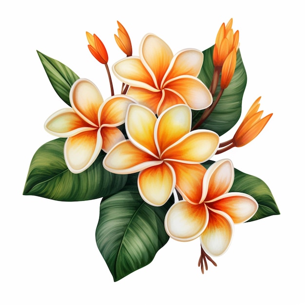 Beautiful white with orange plumeria flowers white background AI Generated art 04